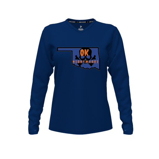 [CUS-DFW-TEES-PER-VNK-LSL-NVY-FYXS-LOGO1] Decker Performance T-Shirt (Female Youth XS, Navy, V Neck, Logo 1, Long Sleeve)