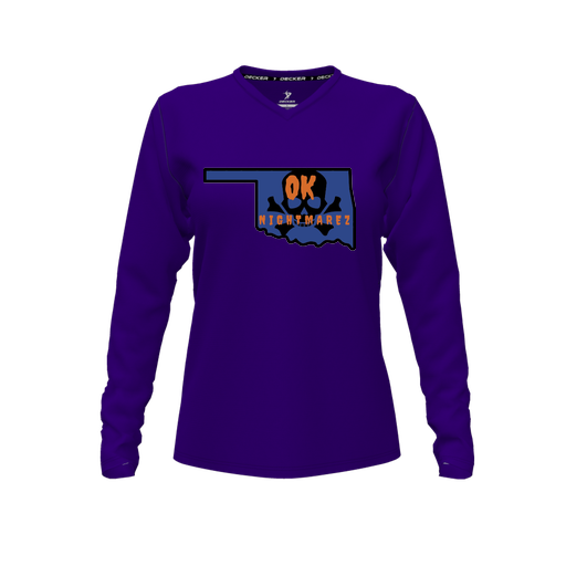 [CUS-DFW-TEES-PER-VNK-LSL-PUR-FYXS-LOGO1] Decker Performance T-Shirt (Female Youth XS, Purple, V Neck, Logo 1, Long Sleeve)